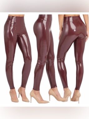 Spanx Faux Patent Leather Red Ruby Leggings Small Womens